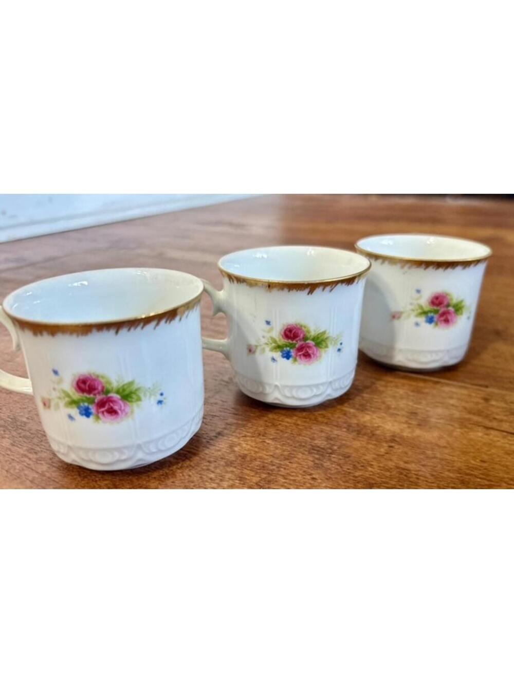 Vintage Floral Porcelain Tea Cups with Gold Trim - Set of 3